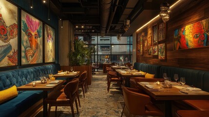 A charming Indian restaurant featuring contemporary decor alongside vibrant traditional art, creating a unique and warm dining experience.