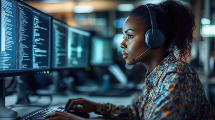 African American woman working on computer with headset, coding and analyzing data in modern office environment