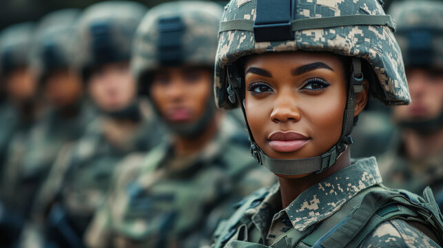 Empowered African American soldier in uniform, showcasing strength and determination among fellow troops. camaraderie and focus are evident in this military setting