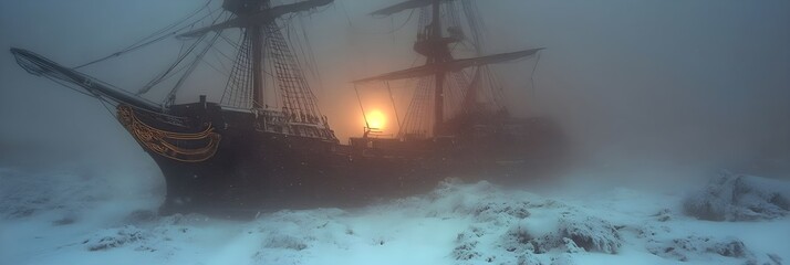 Obraz premium Old Ship in Foggy Sunset Landscape Winter Seascape Frozen Ocean Nautical