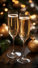Festive Champagne Flutes with Golden Lights and Ornaments