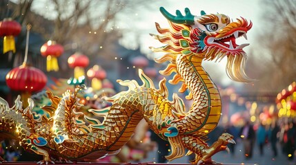 Obraz premium Chinese New Year Dragon Parade Celebration with Lanterns and Festive Atmosphere