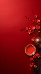 Fototapeta premium Red Background with Chinese New Year Decorations Flowers and Ornament