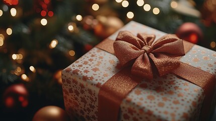 Christmas Gift Box with Bow and Festive Lights