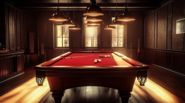 A classic pool hall with a billiards table lit by overhead lights, casting dramatic shadows across the felt. Realistic, very detailed