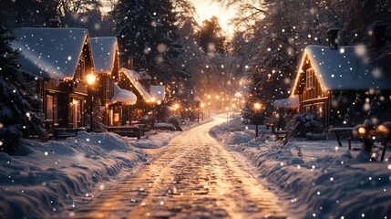 Naklejka premium Cozy Snowy Village Street with Christmas Lights and Falling Snow