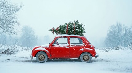 Red Car with Christmas Tree on Snowy Road Winter Holiday Travel