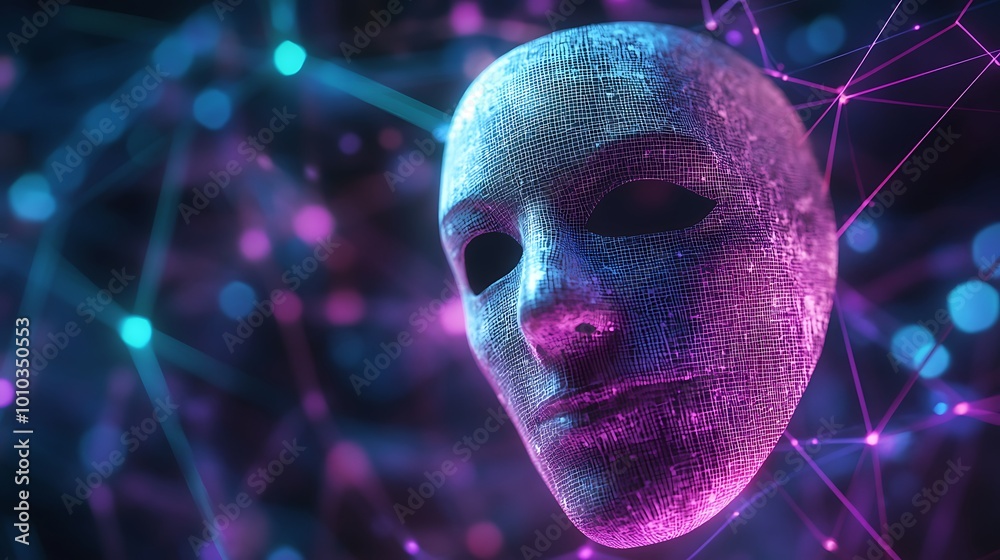 Aufkleber A digital mask made of binary code and glowing neon lights.