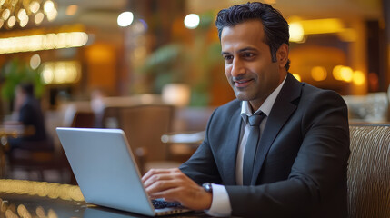 professional Indian man is working on laptop in luxury hotel lounge, exuding confidence and focus. elegant setting enhances his productive atmosphere
