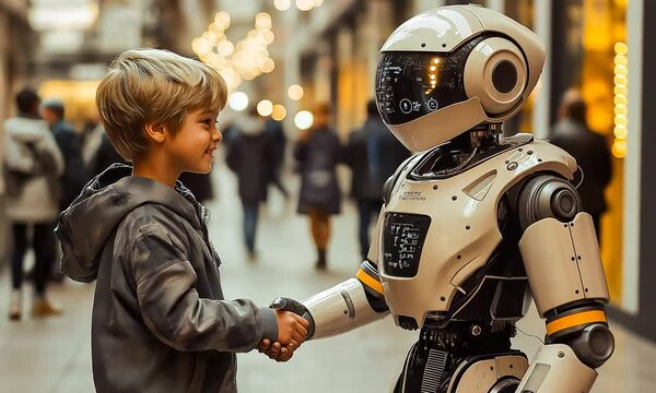 Boy Shakes Hands with Robot in Science Museum