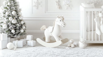 White rocking horse toy in a beautifully decorated children's room with holiday decor.
