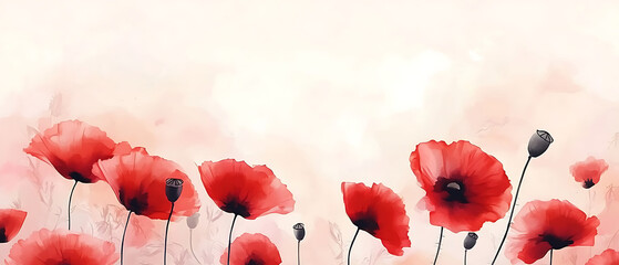 Fototapeta premium red poppy flowers on light pastel background, watercolor style