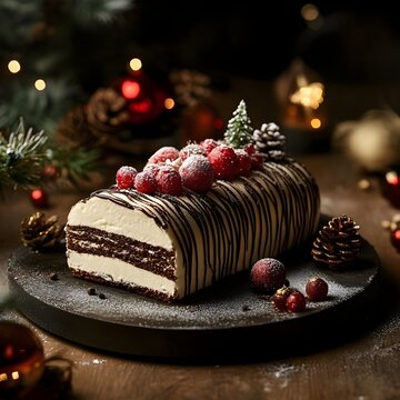Festive Yule Log Cake, Christmas Yule Log Cake with Berries and Festive Decorations for Holiday Feasts