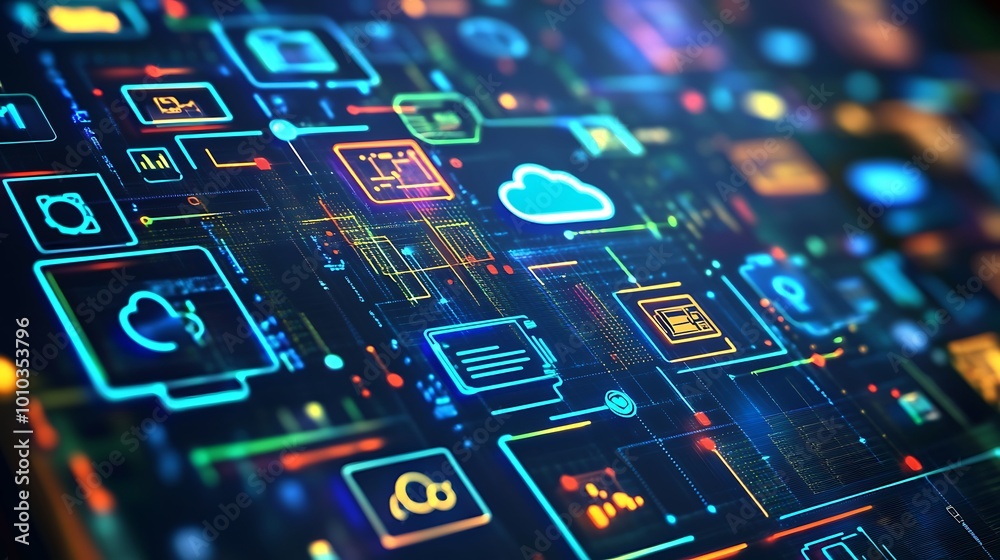 Poster A colorful digital background with icons representing different elements of cloud computing, data storage, networking, and technology.