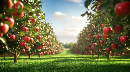 Apple Orchard with Lush Green Grass and Red Apples