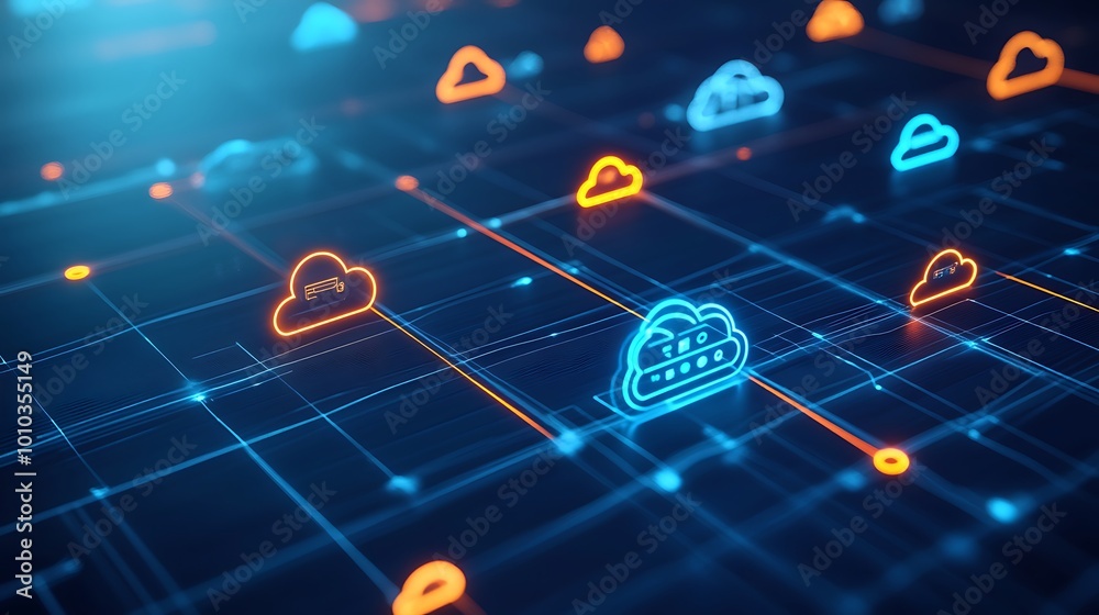 Poster Abstract illustration of cloud computing with glowing icons on a digital network.