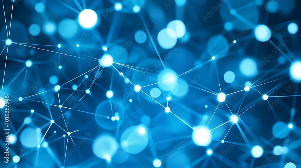 Poster Abstract blue network with glowing white dots connected by thin lines, creating a digital and technological feel.