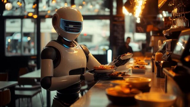 Service Robot Preparing Food in Modern Restaurant Setting