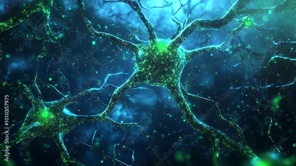 Poster A microscopic view of interconnected neurons with glowing green axons and dendrites, resembling a neural network.