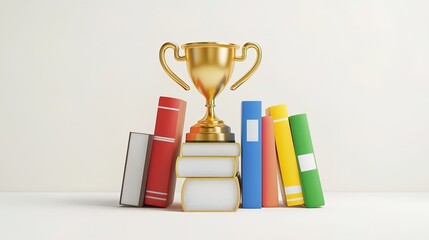 3D icon of a golden trophy and books on a white background, education winner 