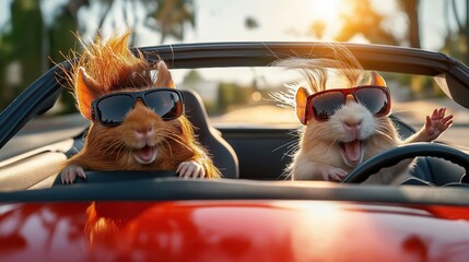 two crazy happy guinea pigs driving fast