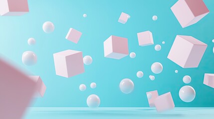 Abstract Composition with Pink Cubes and White Spheres on a Blue Background