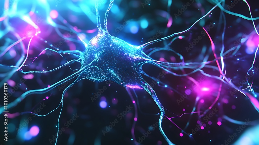 Poster Abstract rendering of a neuron with glowing connections.