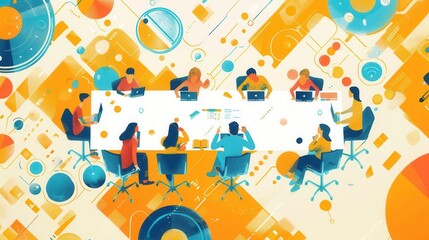 Obraz premium Conference call flat design worm's-eye view technology theme anime animation Split-complementary color scheme,