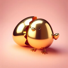 a cute, cool and hip gold shinny metallic futuristic chick hatch from egg