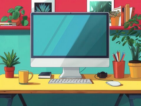 Desktop computer flat design worm's-eye view business theme anime cartoon drawing Triadic Color Scheme,
