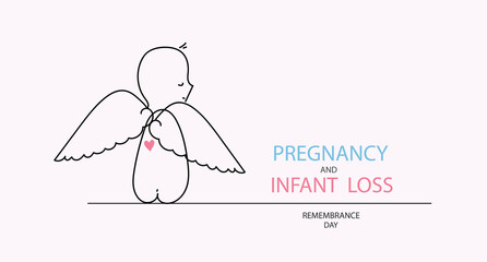 International day of Pregnancy and infant loss remembrance day line art poster. Unborn child with wings. Miscarriage and terminated pregnancy concept. Vector doodle hand drawn illustration.