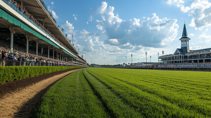 A vibrant crowd gathers at the horse racing track on a sunny day at Churchill Downs