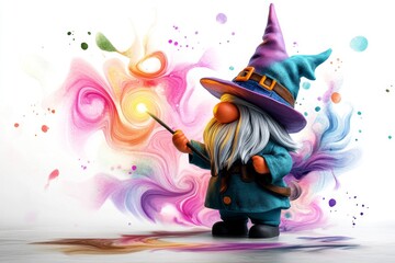 A Halloween gnome witch casting a spell with her wand, with colorful swirls of magic in the air, painted in soft watercolor shades of pink, purple, and green