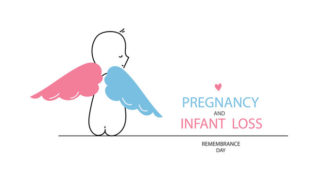 International day of Pregnancy and infant loss remembrance day line art poster. Unborn child with wings. Miscarriage and terminated pregnancy concept. Vector doodle hand drawn illustration.