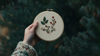 A hand holds a hoop with embroidery of flowers and leaves against a pine branch background.