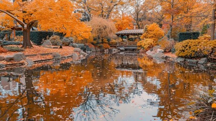 Naklejka premium Autumnal Reflections in a Serene Japanese Garden
