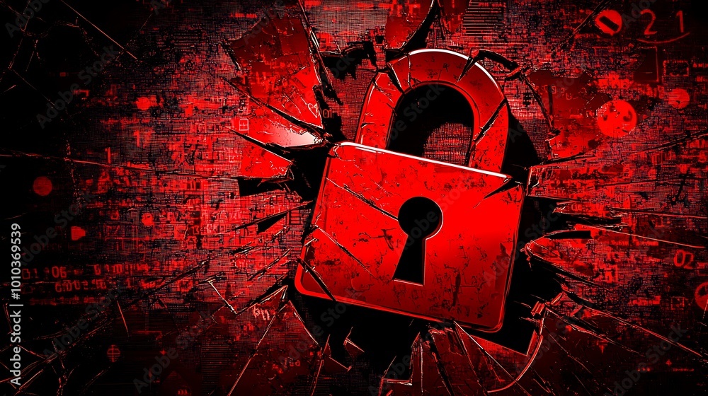 Poster a red padlock is broken and shattered, symbolizing a breach in security.