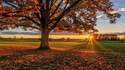Fototapeta premium Autumn Sunset Landscape with Tree and Fallen Leaves