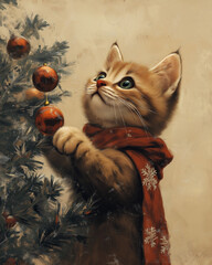 Cat on the tree, Vintage engraved Christmas Cat  with Santa cap with tree, card style