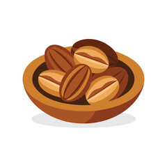  Pecans nuts in a wooden bowl top view flat vector illustration white background.