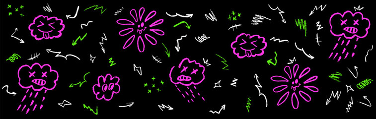 Colorful pattern with wax crayon drawing rainy cloud, stick out tongue cloud, flower and sun. Children drawing squiggle, arrows, stars on blackboard. Groovy background with pink green doodle elements.