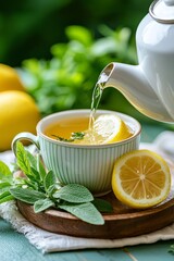 Close-up of a teapot pouring herbal tea into a cup. Fresh herbs and lemon slices add a refreshing touch