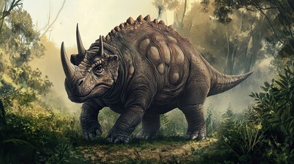Fototapeta premium Mythical Rhino Creature in a Lush Forest