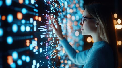 A techsavvy woman captivated by a futuristic display, immersed in the wonders of digital innovation, with a blurred backdrop.