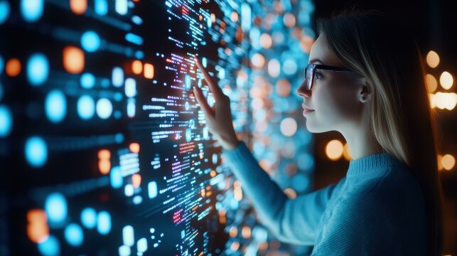 A techsavvy woman captivated by a futuristic display, immersed in the wonders of digital innovation, with a blurred backdrop.