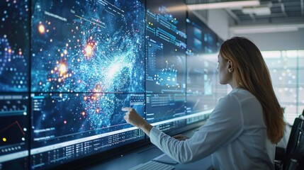 A woman points at a futuristic screen displaying data points and glowing connections. AI generative. .