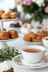 Elegant tea party with herbal tea served in fine china. The table is decorated with flowers and herbs