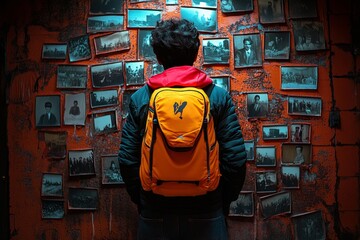 Obraz premium A person standing in front of a wall covered in faded photographs, each image telling a story of yesterdayâ€™s history, representing collective memory