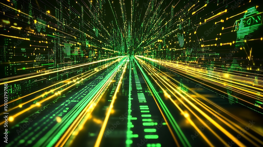 Aufkleber abstract digital tunnel with green and yellow lines and data.