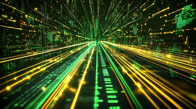 Abstract digital tunnel with green and yellow lines and data.